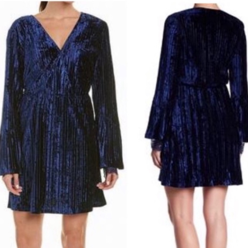 Laundry by Shelli Segal XL Dress Crushed Blue Velvet Sheath Long Sleeve Short